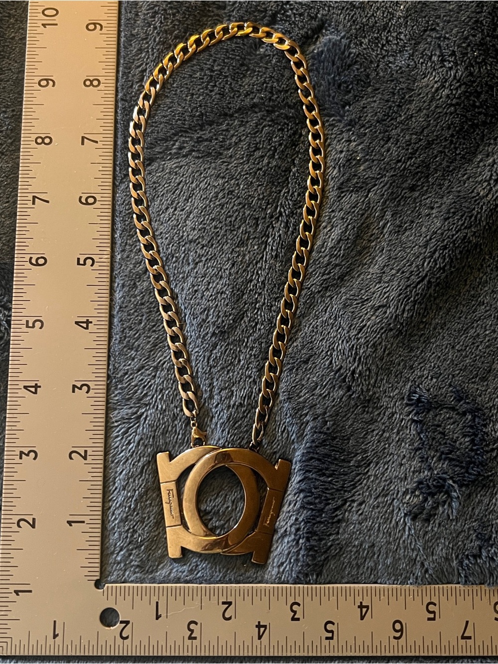 Custom Ferragamo Gunmetal Double Gancini Statement Necklace 17” - Picture 6 of 10